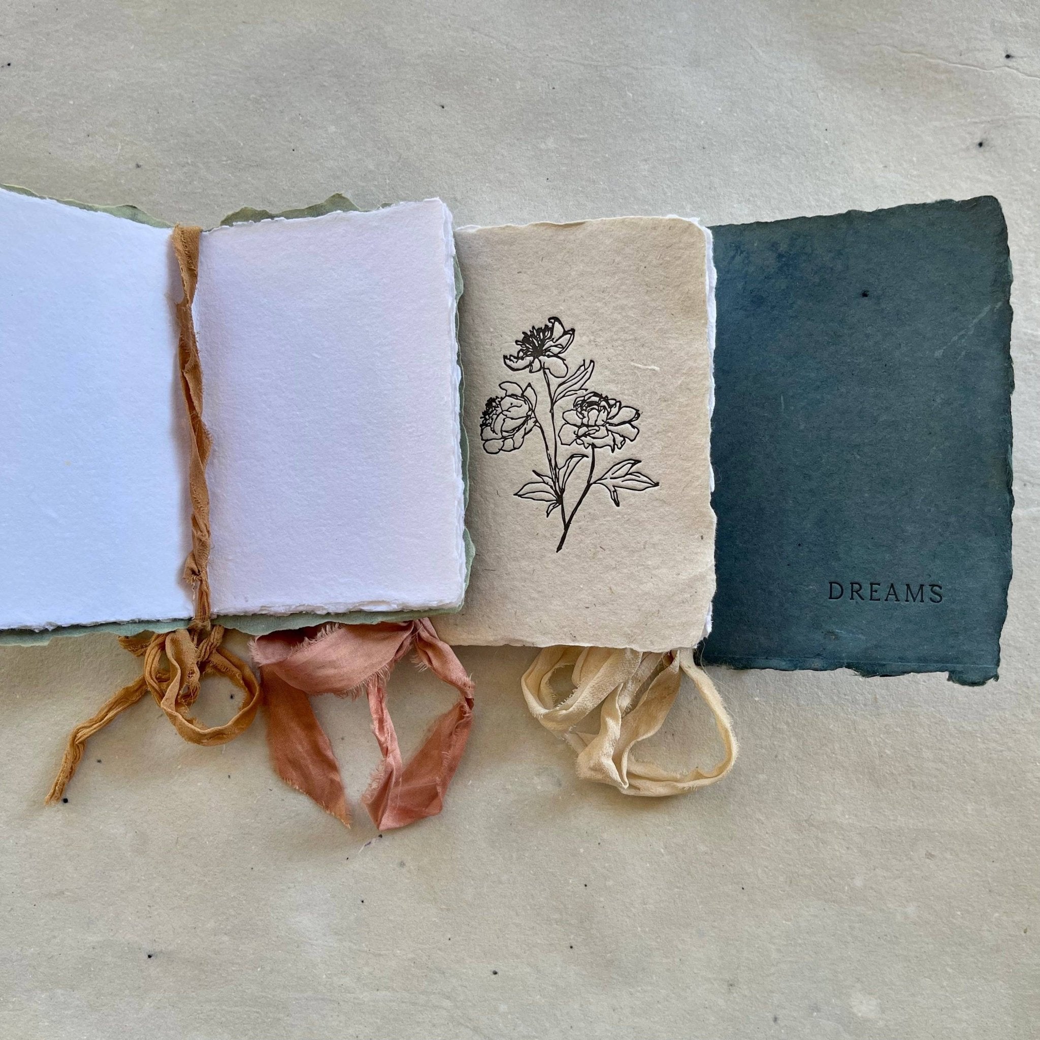 farmette - Notebooks - I: Peony - vanilla paper with watermelon silk ribbon - Eventide Botanical Wellness