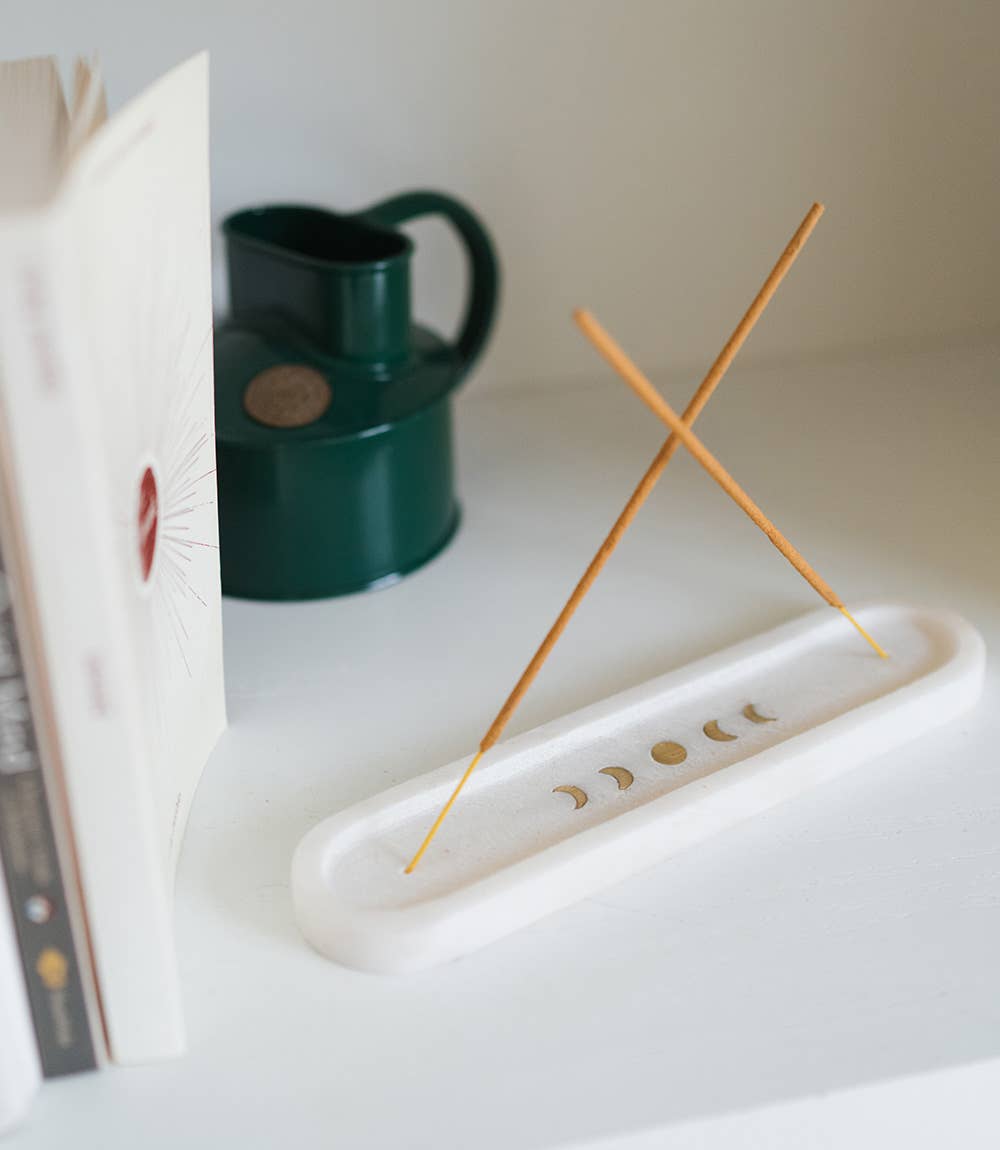 Matr Boomie Fair Trade - Indukala Moon Phase Incense Holder - White Carved Marble - Eventide Botanical Wellness