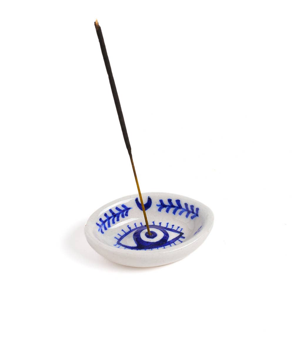 Matr Boomie Fair Trade - Lalita Evil Eye Incense Holder - Hand Painted Blue &amp; White - Eventide Botanical Wellness