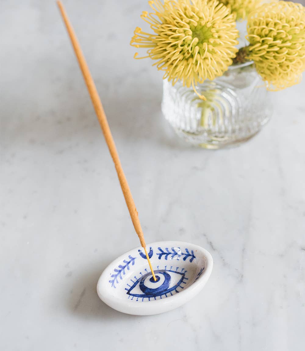 Matr Boomie Fair Trade - Lalita Evil Eye Incense Holder - Hand Painted Blue &amp; White - Eventide Botanical Wellness